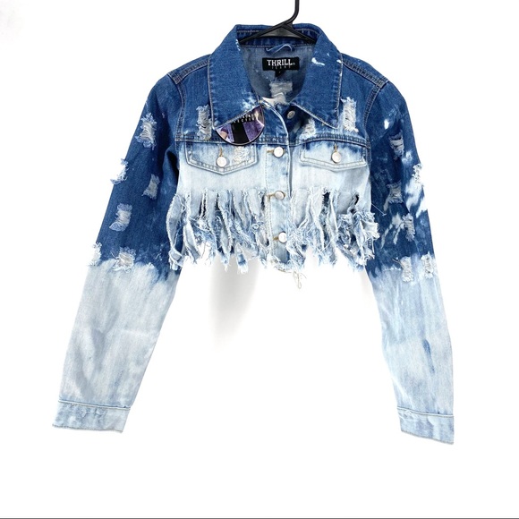Thrill Tops - Thrill Women's Fringe Cropped Denim Jacket L